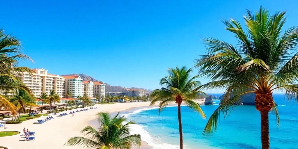 Beach scene at Cabo San Lucas Hotel Deals You Can't Miss! with palm trees, resort buildings