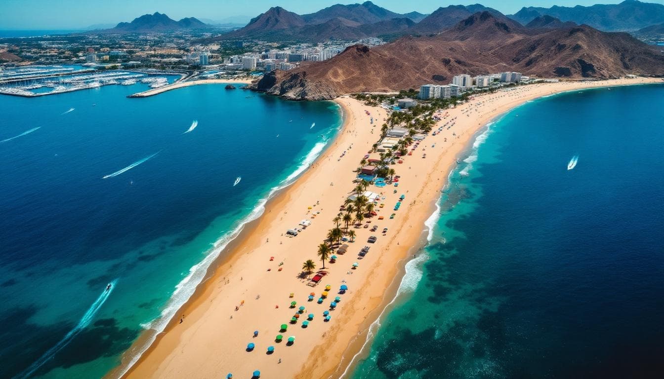 Beach aerial 2 at Cabo San Lucas Nightlife: Your Guide to the Hottest Party Scene with city, mountains, many umbrellas