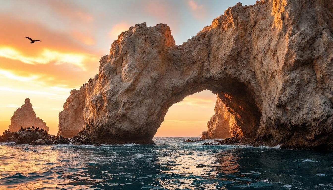 Rock arch 2 at Cabo San Lucas Sunset Cruise: Best Tours and What to Expect at sunset, warm light