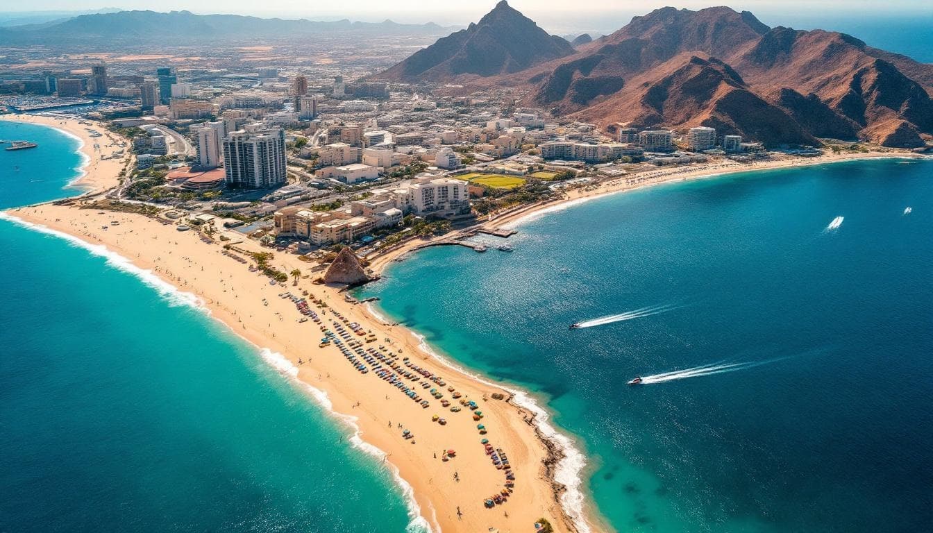 Beach aerial 2 at Cabo San Lucas Villa Rentals: Your Ultimate Guide (2026) with umbrellas and city