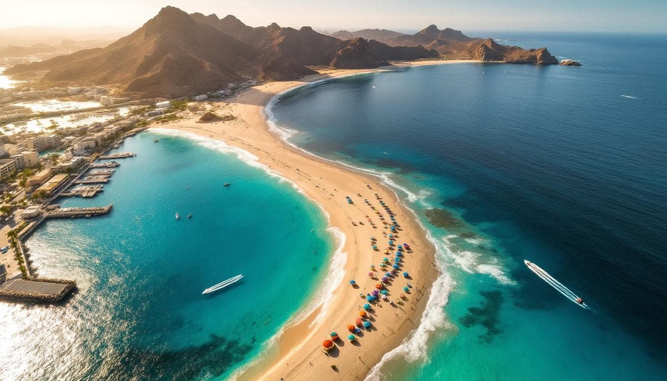 Beach aerial 3 at Cabo San Lucas vs Cancun: Which Mexican Paradise Wins? with umbrellas and mountains