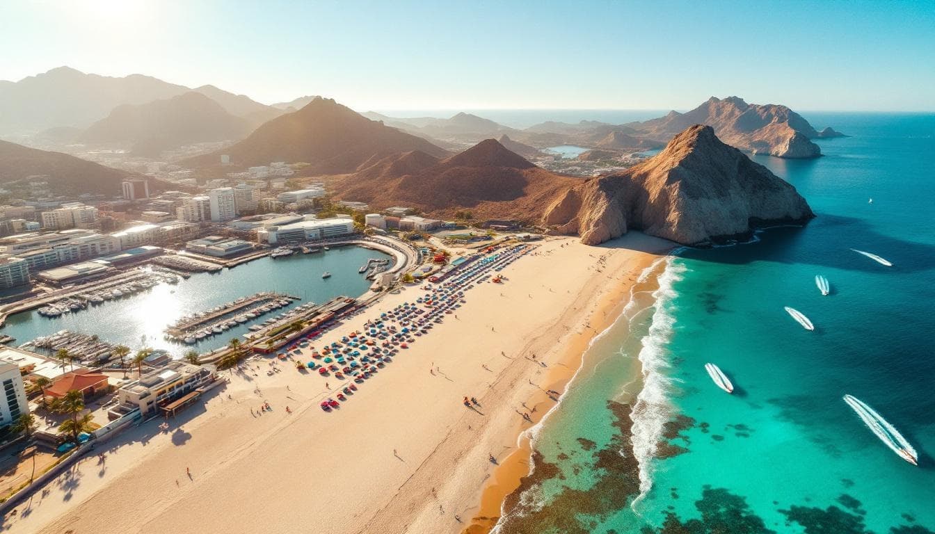 Beach aerial 5 at Your Ultimate Cabo San Lucas Wedding Guide: Venues & Costs with umbrellas and marina