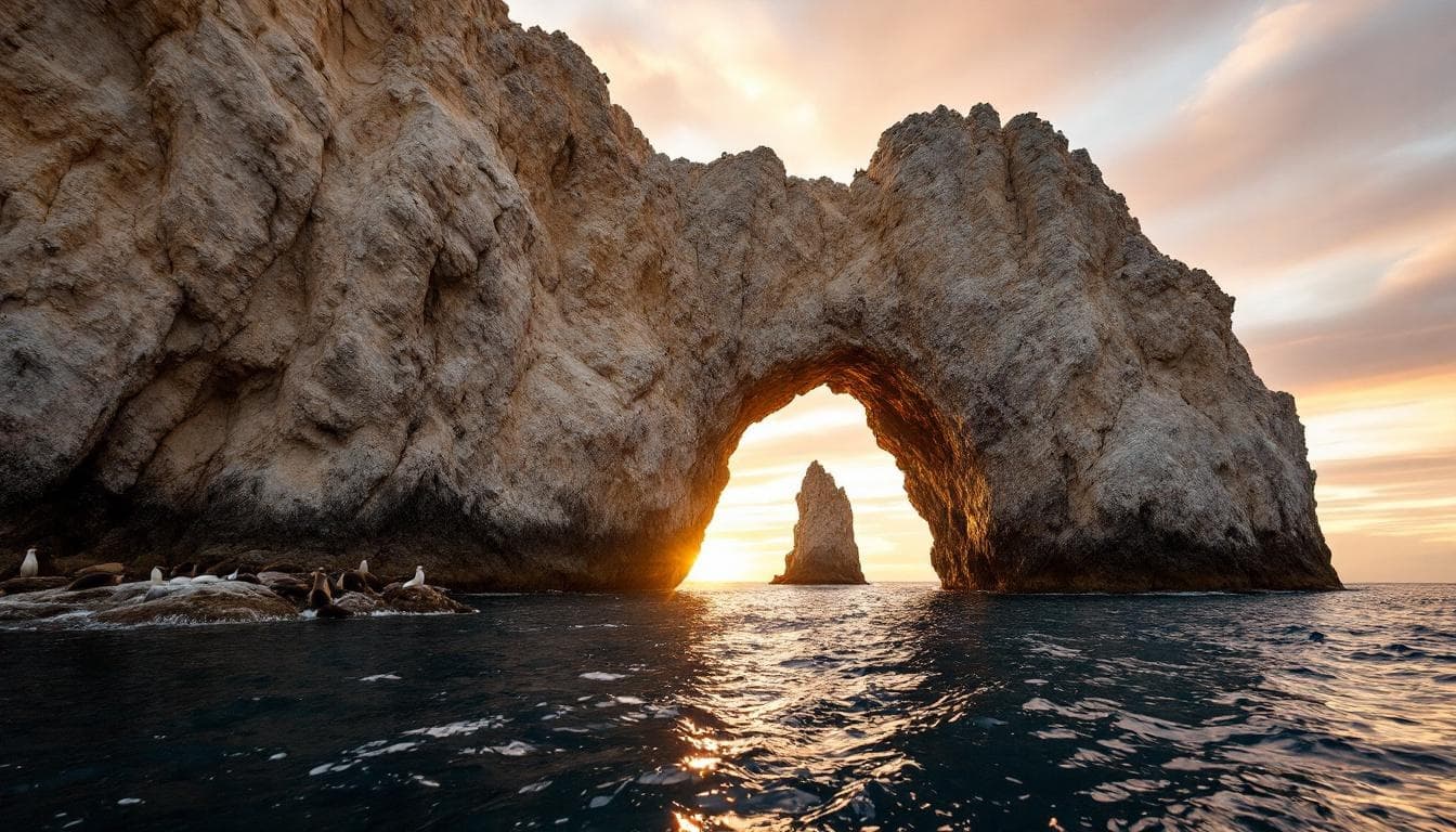 Rock arch at Cabo San Lucas Whale Watching: Your Complete Guide (2026) at sunset, over water