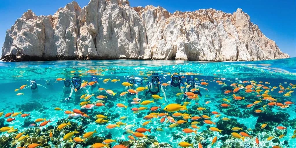 Snorkeling group at Cabo Snorkeling Ranked: What You Need to Know with coral reef and cliffs