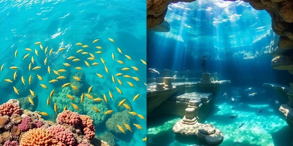 Underwater split view at Cabo Snorkeling Vs Tulum: What You Need to Know fish over coral, ancient structures
