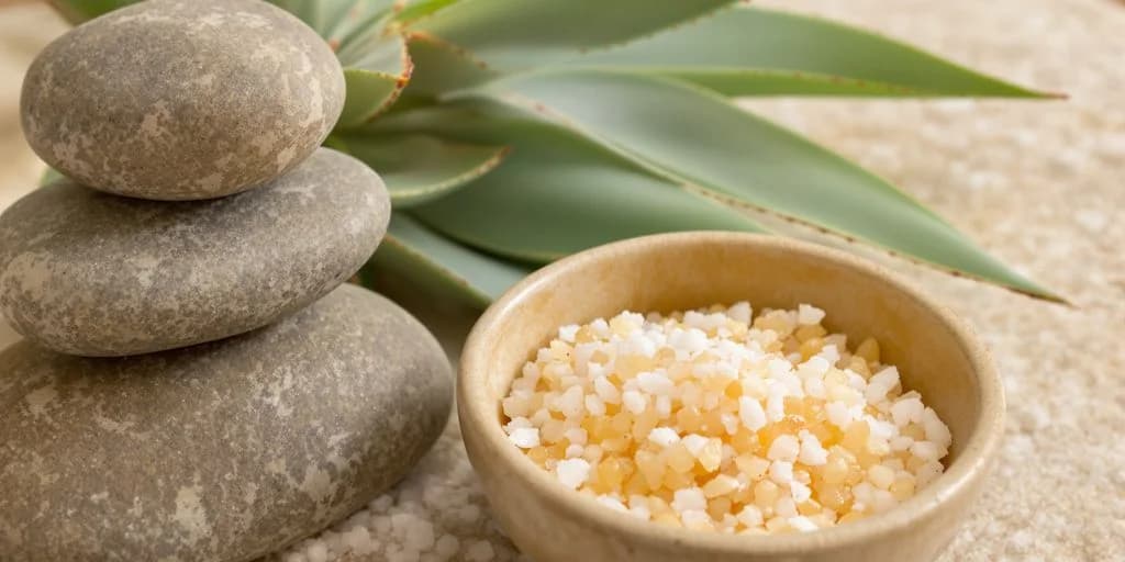 Tropical beach at Cabo Spa Treatments Using Local Agave & Sea Salt with rock formations, palm trees