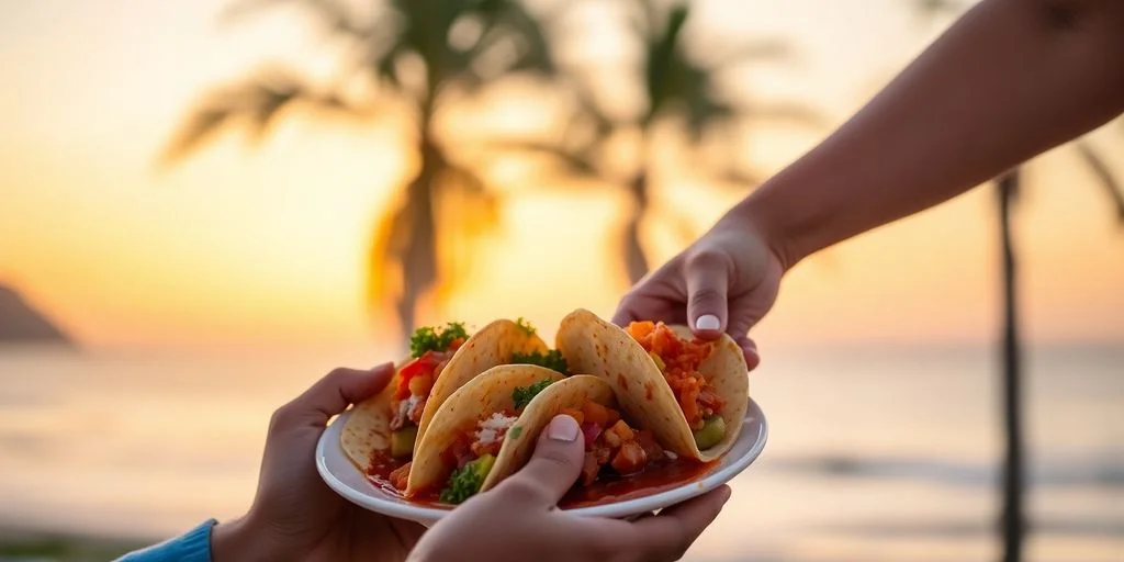 Tacos on plate at Cabo Tacos For Couples: What You Need to Know held by hands, at sunset