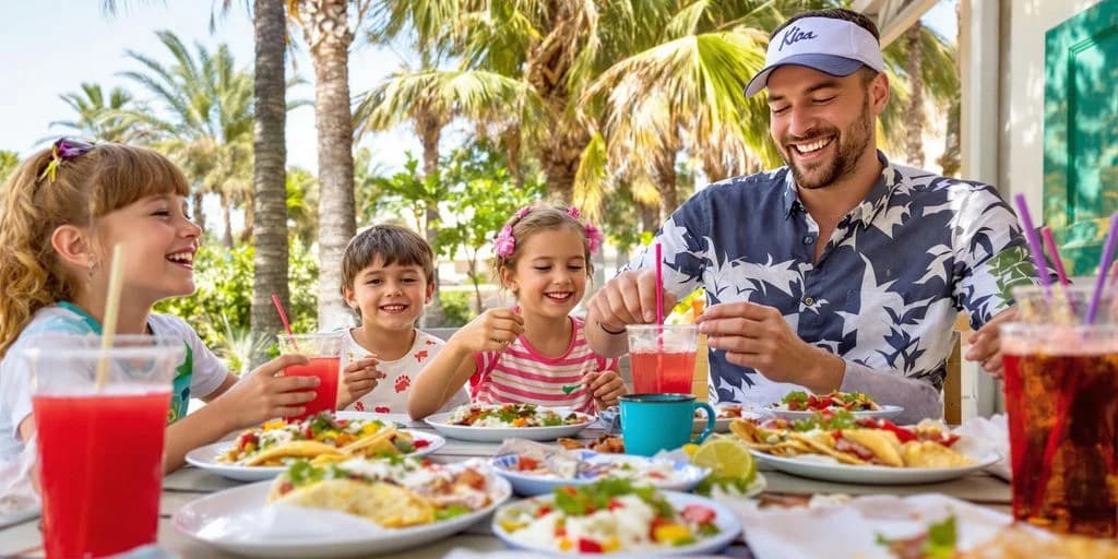 Family dining at Cabo Tacos With Kids: What You Need to Know outdoors, under palm trees