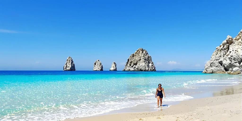 Beach scene at Cabo Things To Do Itinerary: What You Need to Know woman walking, rock formations, clear sky