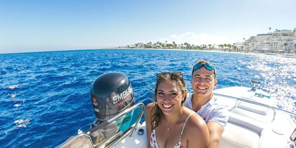 Couple on boat at Cabo Things To Do Reviewed: What You Need to Know smiling, boat engine visible
