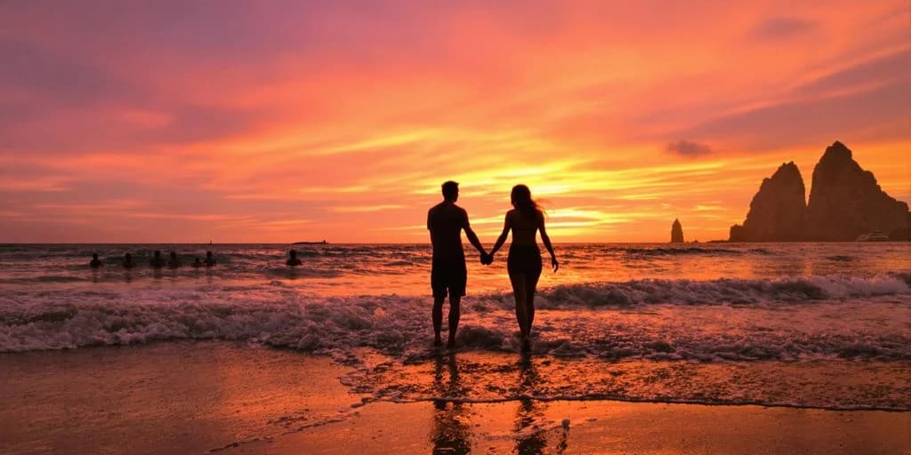 Couple on beach at Cabo Things To Do Unfiltered: What You Need to Know holding hands, at sunset