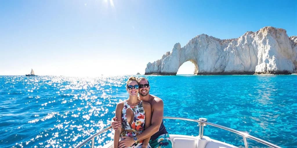 Couple on boat 2 at Cabo Tour For Couples: What You Need to Know smiling, rock arch in background