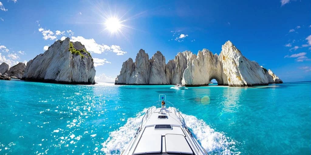 Boat approaching arch at Cabo Tour Near Downtown: What You Need to Know sunny day, clear blue water