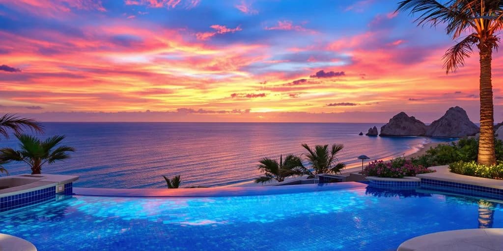Infinity pool at Cabo Villa Near Downtown: What You Need to Know at sunset, with palm trees