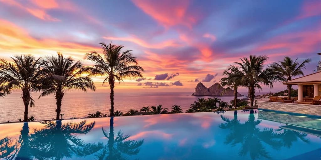 Infinity pool at Cabo Villa On A Budget: What You Need to Know at sunset, with rock formations