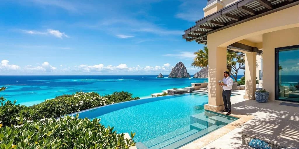 Infinity pool at Cabo Villa Rentals Starting at $1,000/Night That Include Personal Butlers with ocean and rock formations