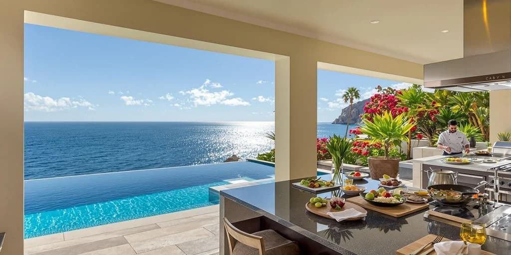 Outdoor kitchen at Cabo Villa Rentals With Private Chefs Starting at $500/Day with ocean view and infinity pool