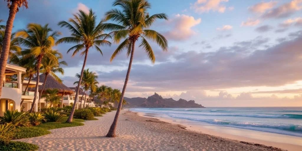 Beach sunset at Cabo Villas Are Your Home Away from Home with palm trees and mountains