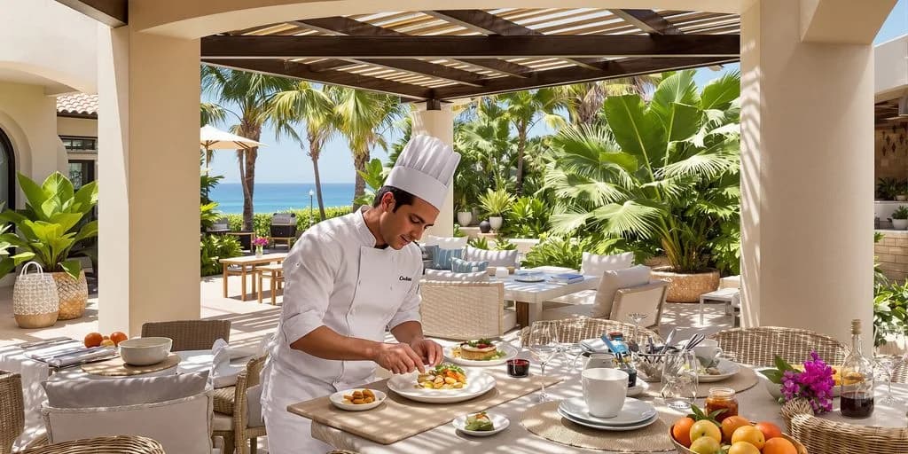 Chef plating food at Cabo Villas With Michelin-Trained Chefs Included in Rental outdoors with tropical plants