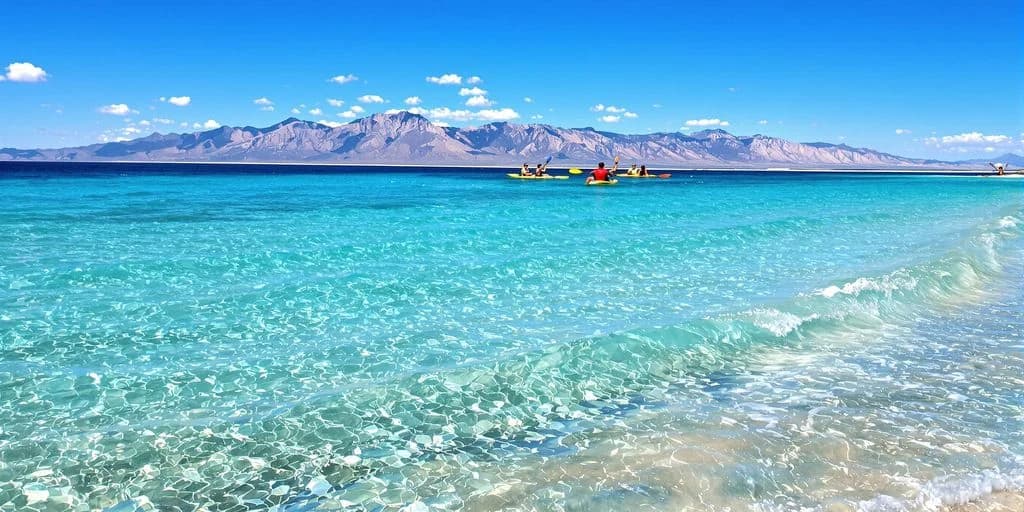 Kayakers at Cabo Water Sports in Sea of Cortez: Warmest Waters in Mexico on clear blue water with mountains