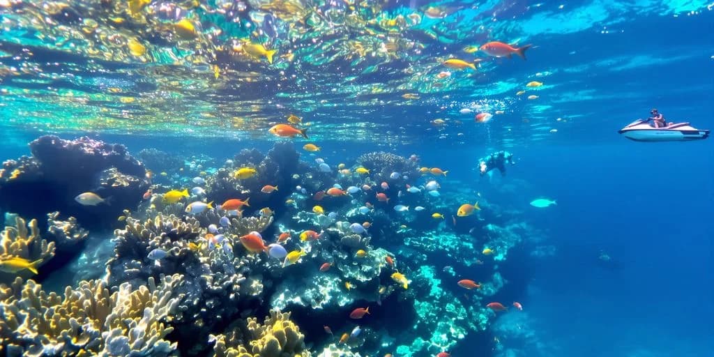 Coral reef at Cabo Water Sports Packages: Jet Ski + Snorkel + Kayak $150/Person with many colorful fish