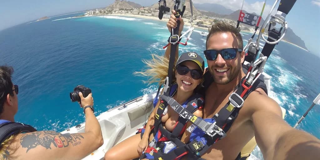 Parasailing couple at Cabo Water Sports Packages That Include Professional Photography smiling with ocean and coast below