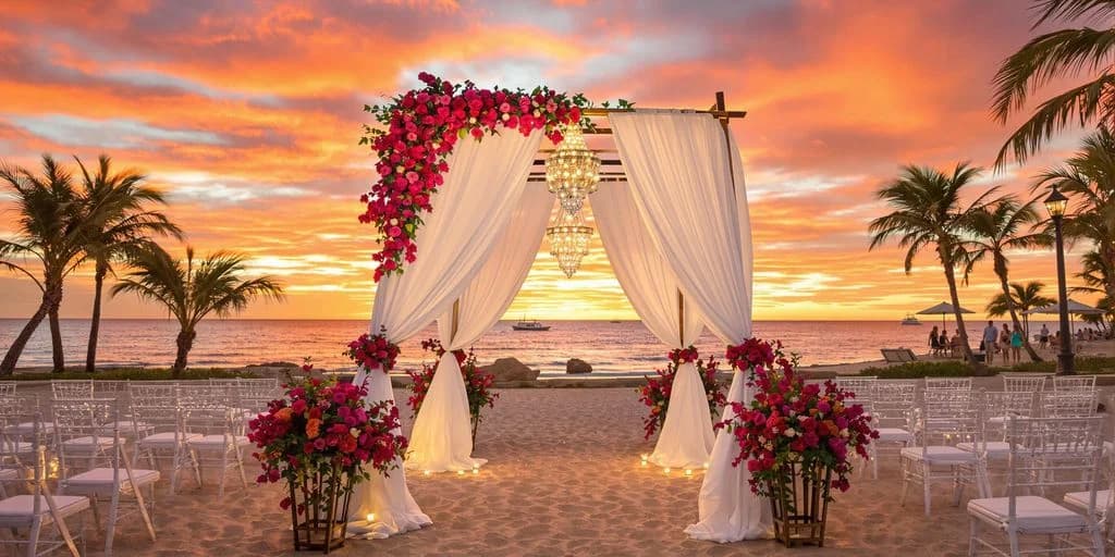 Beach wedding arch at Cabo Wedding 2026: What You Need to Know with flowers and chandeliers at sunset