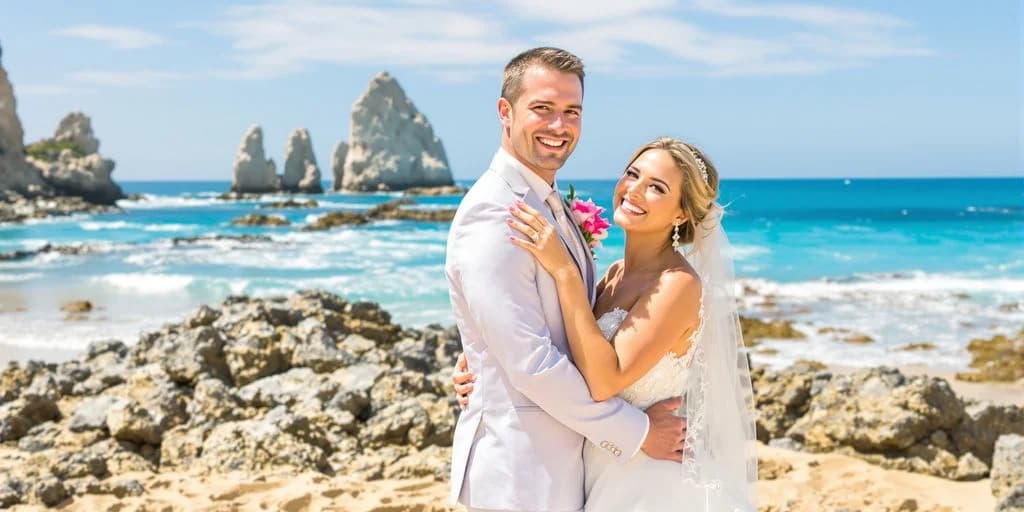 Wedding couple 1 at Cabo Wedding Coordinators With 100% Success Rate on beach with ocean and rock