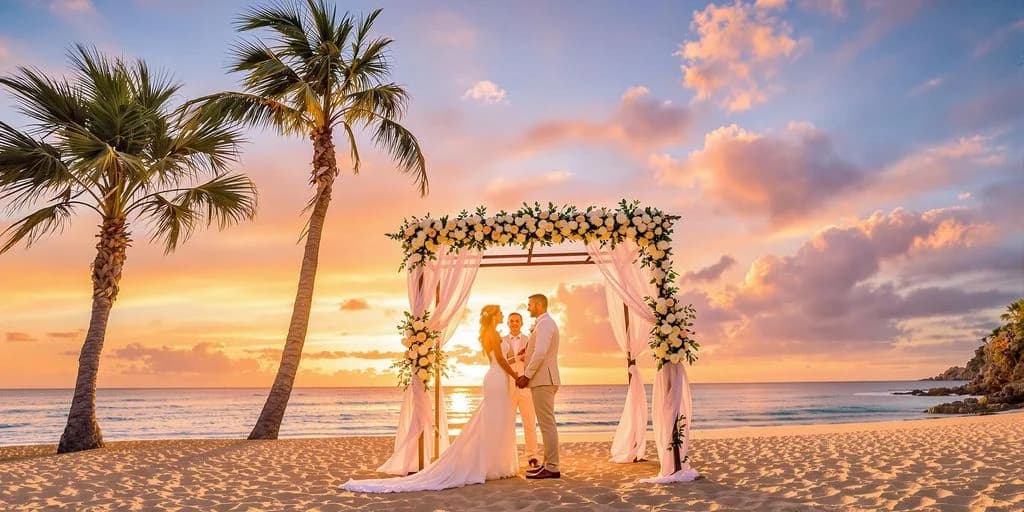 Beach wedding ceremony at Cabo Wedding Guide: What You Need to Know at sunset, with floral arch