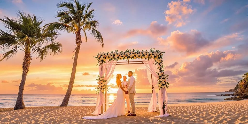 Beach wedding ceremony at Cabo Wedding Guide: What You Need to Know at sunset, with floral arch