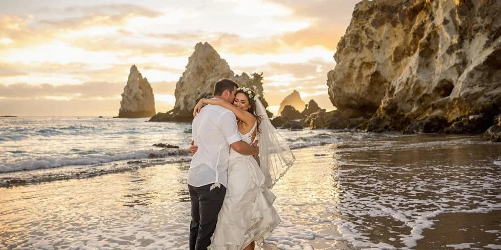 Wedding couple at Cabo Wedding Packages Under $20,000 for 100+ Guests embracing on beach with rock formations