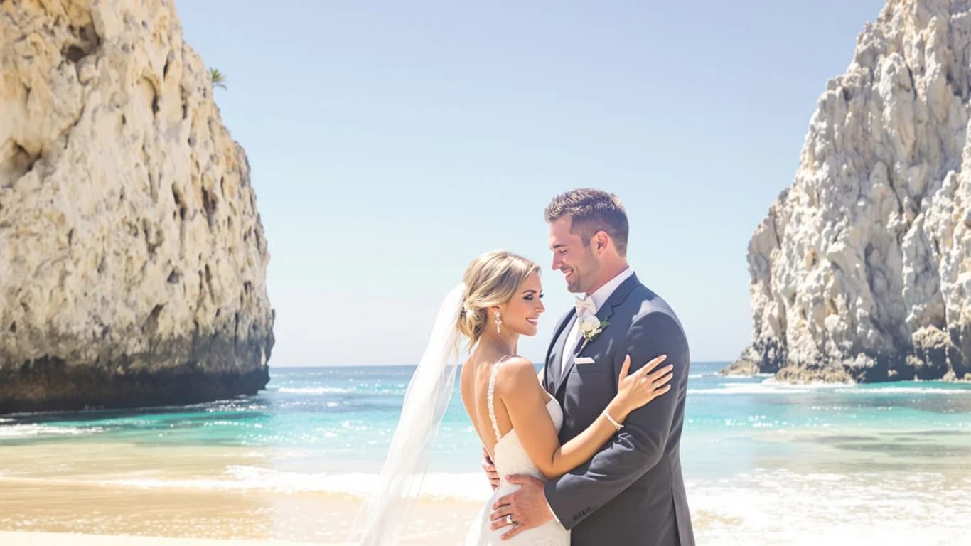 Wedding couple at Cabo Wedding Photography: $2,500 vs $8,000 US Photographer Fees embracing on beach, clear sky