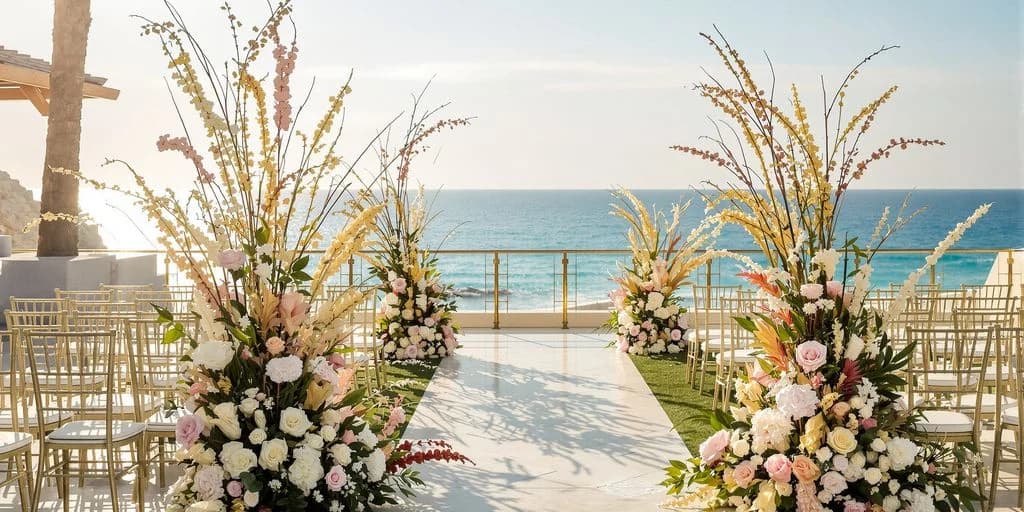 Wedding ceremony setup at Cabo Wedding Planners: $5,000-$10,000 vs $20,000 US Prices on terrace overlooking ocean