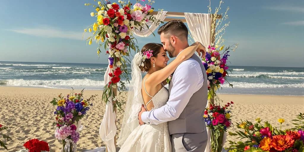 Wedding couple at Cabo Wedding Planning Packages That Include Photography & Flowers embracing under floral arch