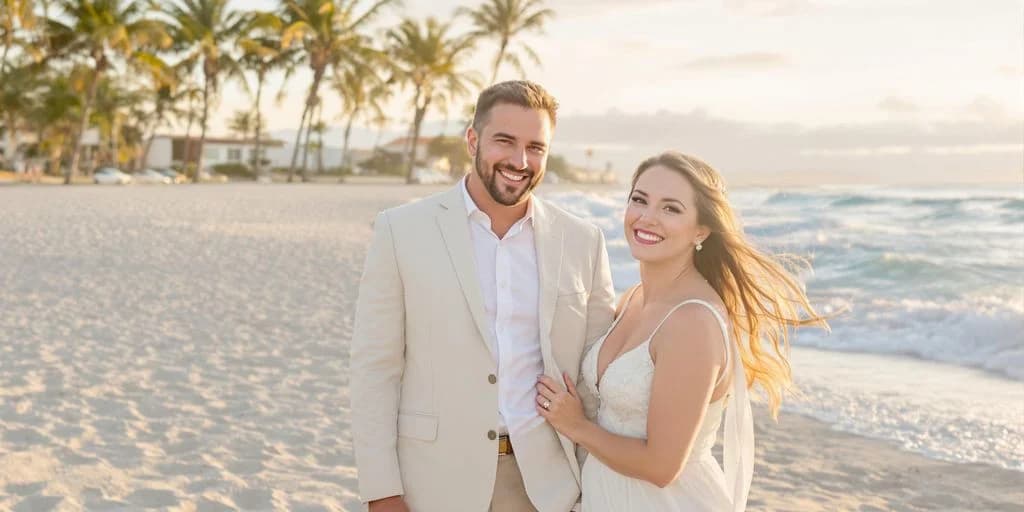 Wedding couple at Cabo Wedding Real Reviews: What You Need to Know smiling on beach with palm trees