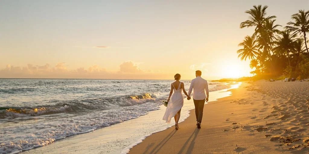 Wedding couple at Cabo Wedding Top 10 List: What You Need to Know walking on beach at sunset