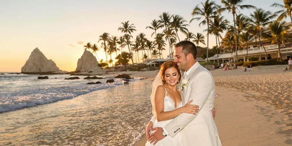 Wedding couple at Cabo Wedding Unfiltered: What You Need to Know embracing on beach at sunset