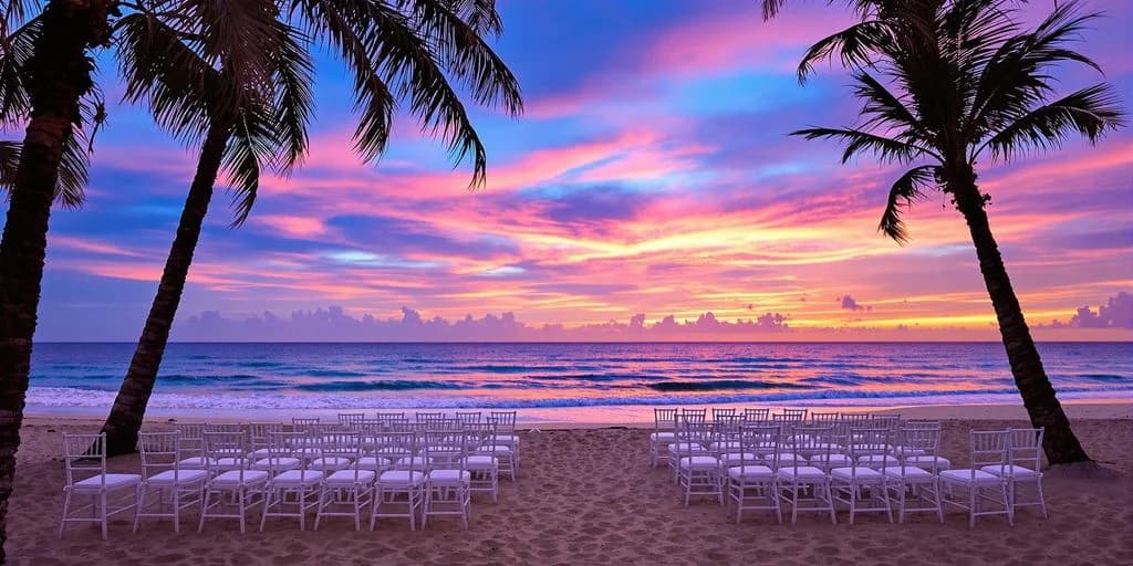Beach wedding setup at Cabo Wedding Venues With Private Beach Access and No Curfew chairs facing ocean at sunset