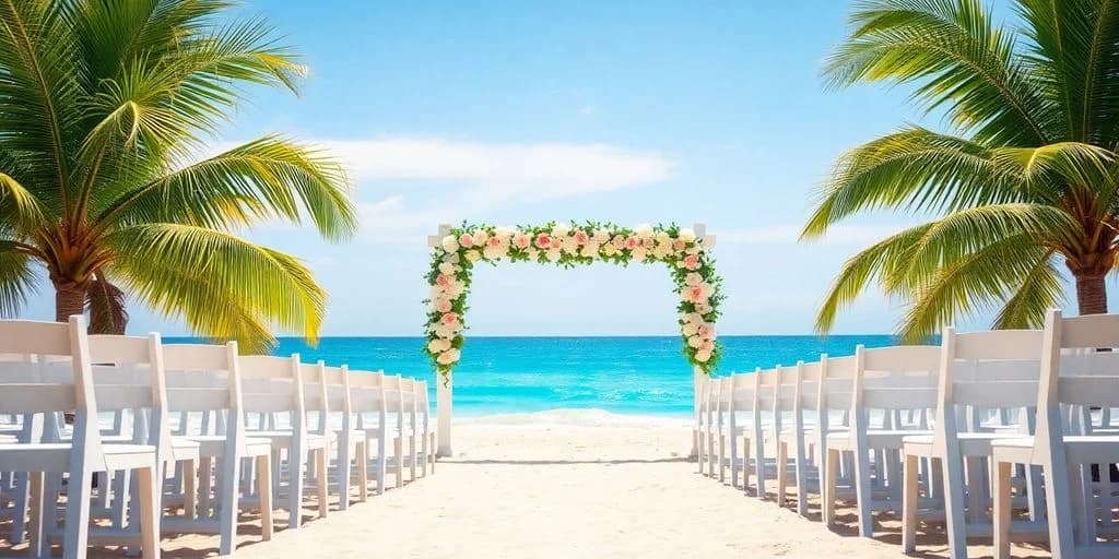 Wedding arch at Cabo Wedding Vs Tulum: What You Need to Know on beach, with ocean beyond