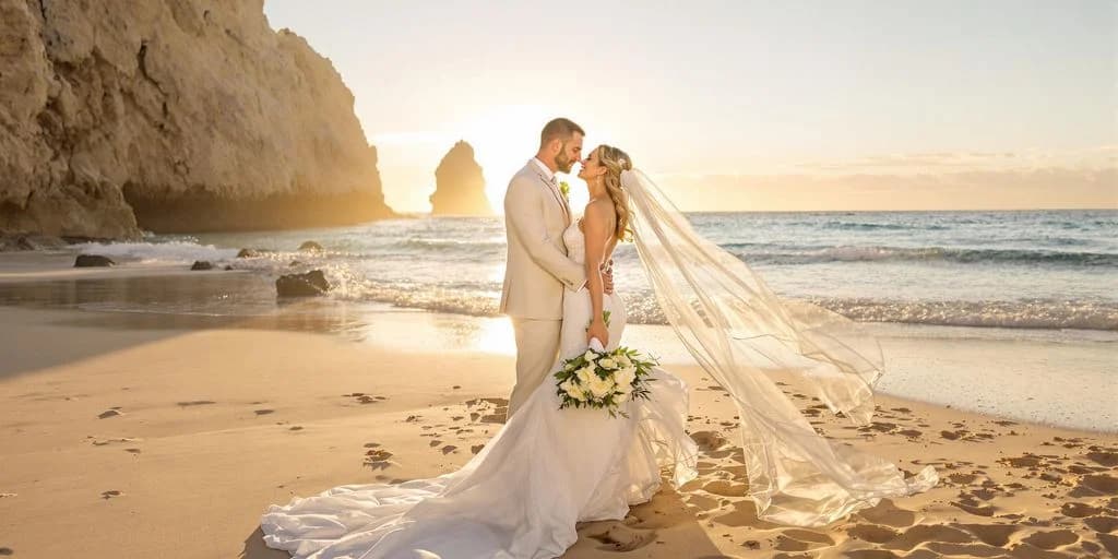 Wedding couple 1 at Cabo Wedding Worth The Money: What You Need to Know on beach, at sunset, with rock formations