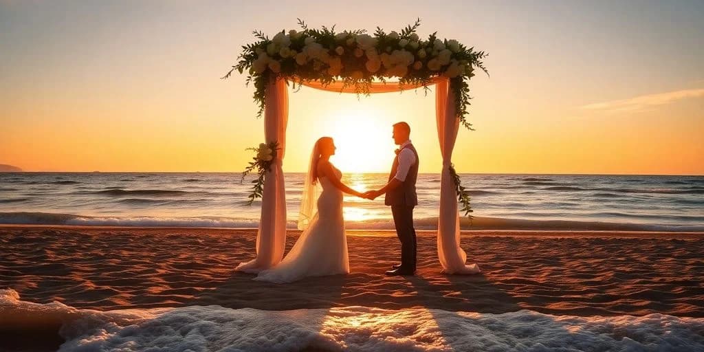 Wedding couple 2 at Cabo Wedding You DidnâT Know About: What You Need to Know under arch, at sunset, holding hands