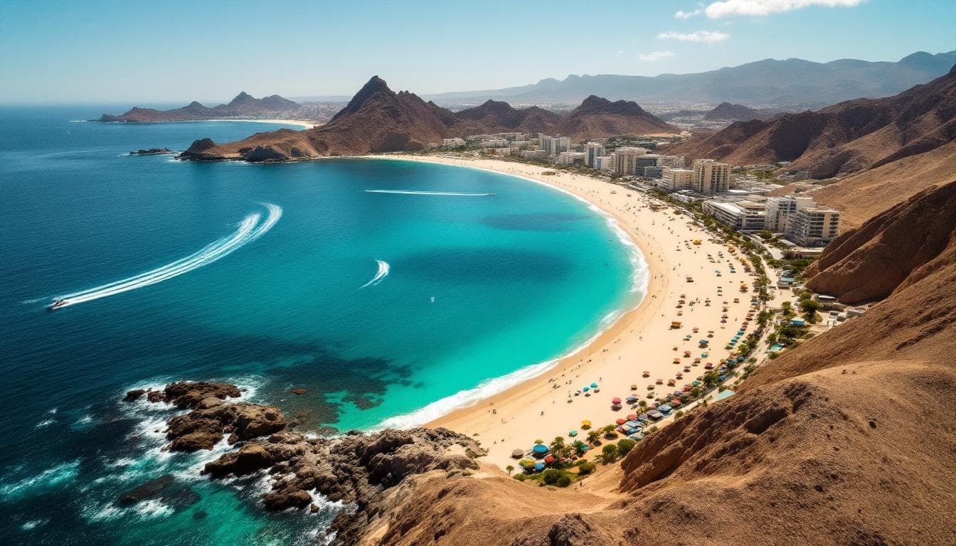 Beach aerial at Cabo Yacht Charter Guide: Real Prices, Best Boats & Booking Tips curved bay, with boats, mountains