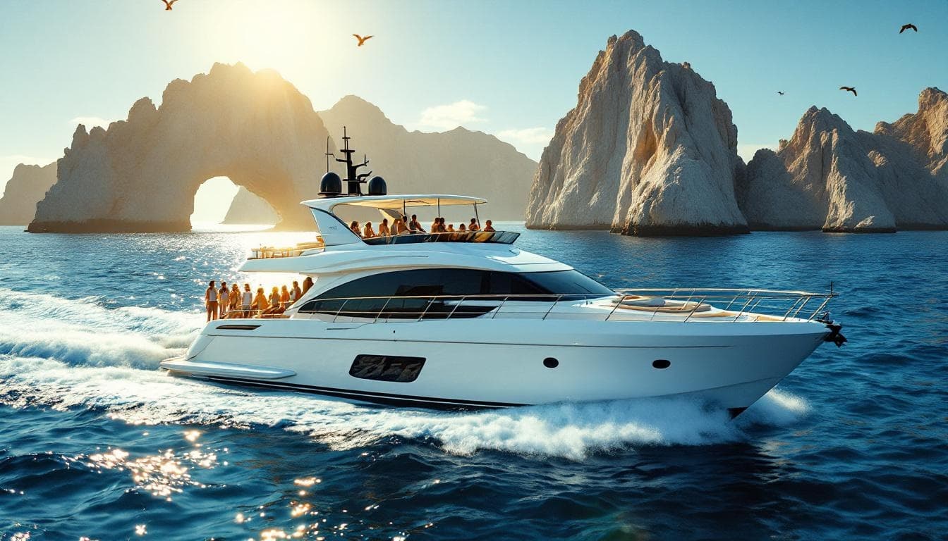 Luxury yacht 3 at Beyond the Breakers: Charting Your Perfect Cabo Yacht Escape cruising past rocky cliffs, at sunset