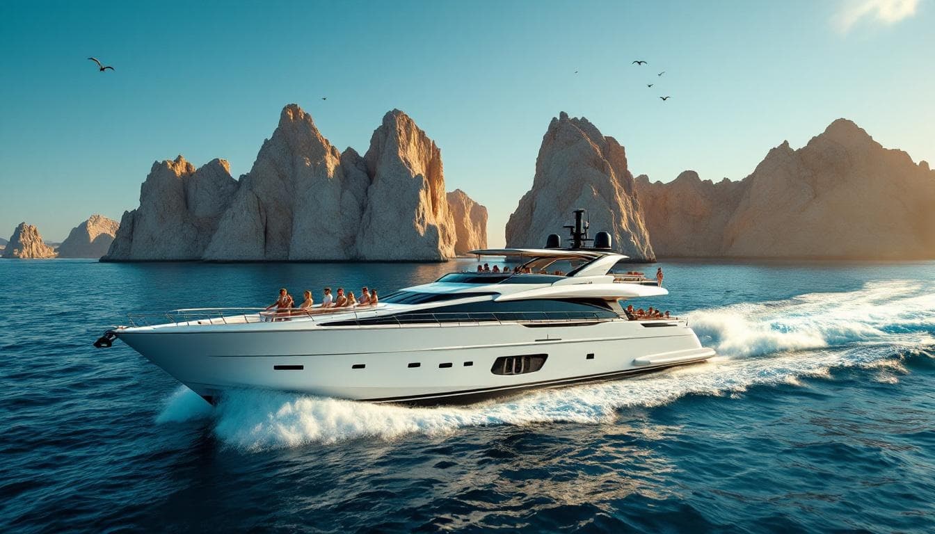 Luxury yacht 4 at Beyond the Horizon: Your Indispensable Cabo Yacht Day Checklist for Unforgettable Escapes cruising past