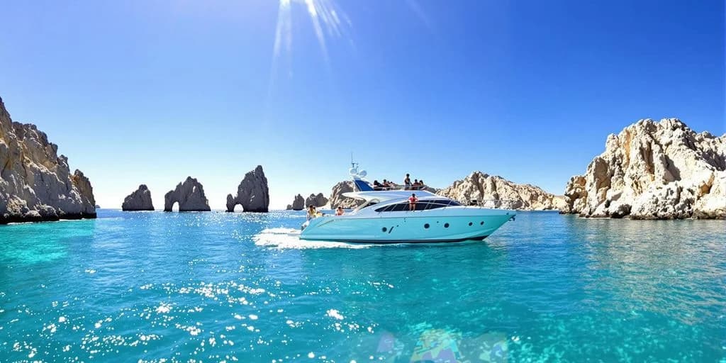 Luxury yacht 5 at Cabo Yacht First-Timers: What You Need to Know cruising past rock formations, sunny