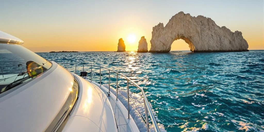 Yacht bow view 2 at Cabo Yacht On A Budget: What You Need to Know towards rock formations, at sunset