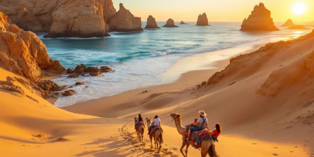 Camel ride at Camel Riding Tours in Cabo on beach at sunset, ocean beyond