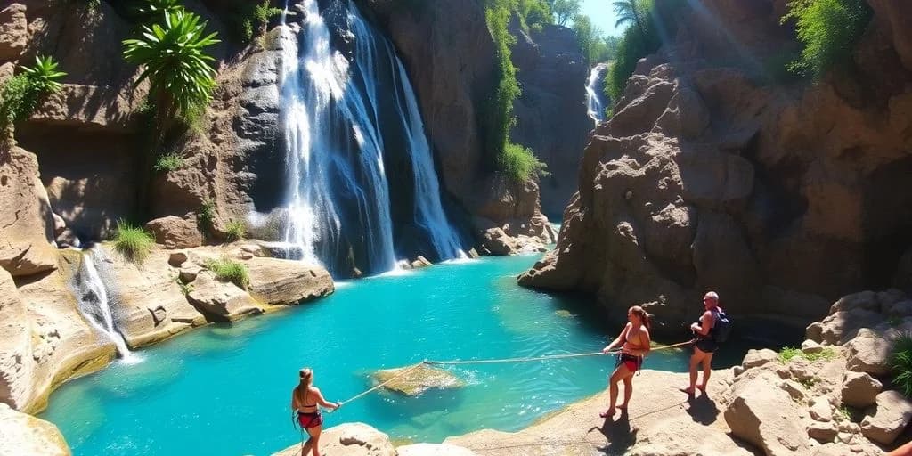 Waterfall at Canyoning Experiences in Cabo with people by turquoise pool