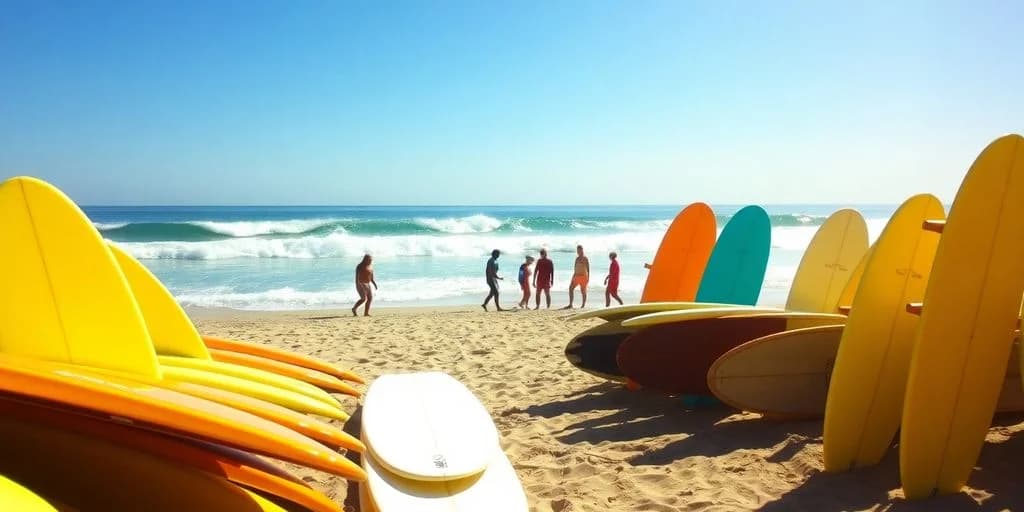 Beach scene at Cerritos Beach Surf Equipment Rental: Complete Guide people and surfboards by ocean