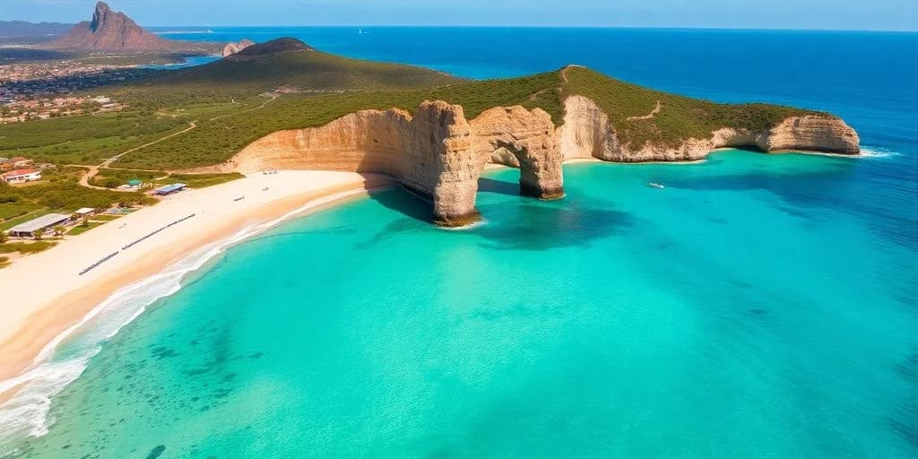 Rock arch at Cheap Flights from LAX to CaboBook Now! on beach with turquoise water